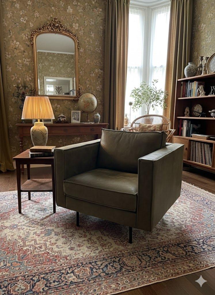 Fauteuil Woood/Bepure Olijfgroen Ecoleer in zeer goede staat, Huis en Inrichting, Fauteuils, Vintage, 75 tot 100 cm, Ophalen of Verzenden