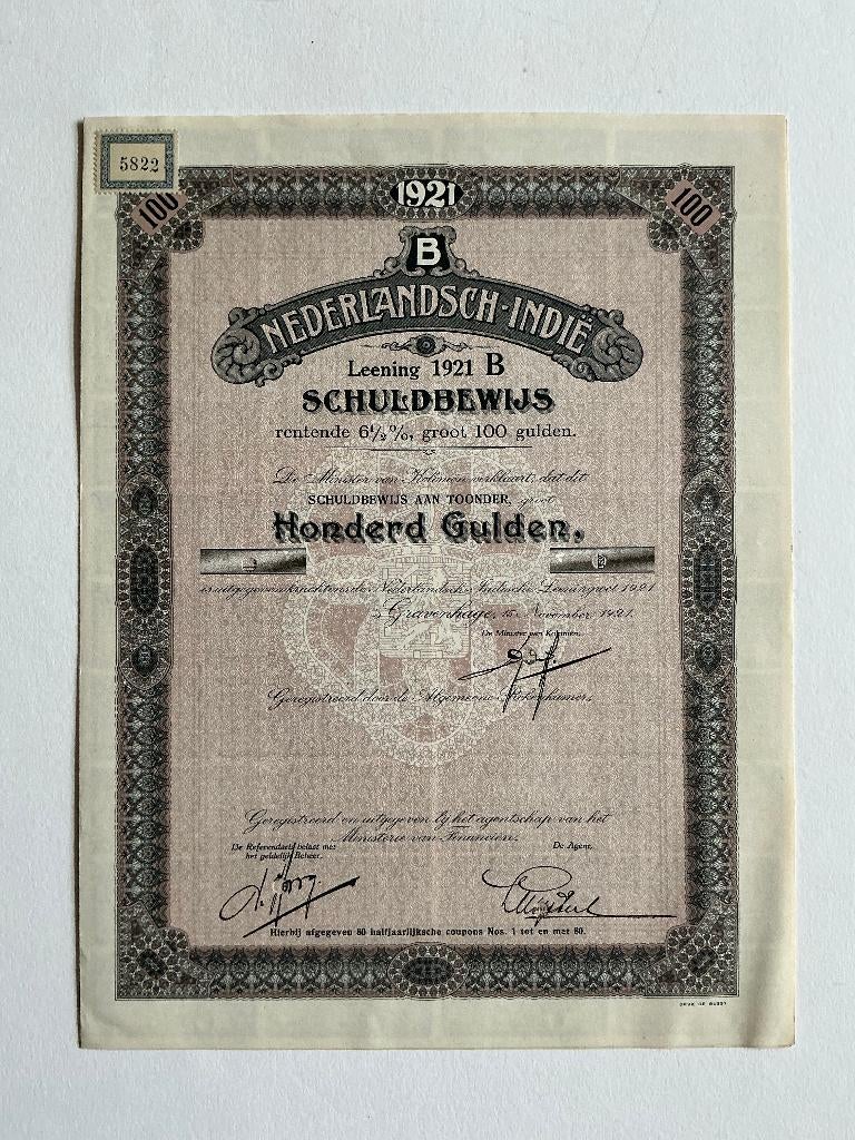 6½% Nederlands-Indië 1921B, 100 Gulden, Specimen, Postzegels en Munten, Aandelen en Waardepapieren, Ophalen of Verzenden, 1920 tot 1950