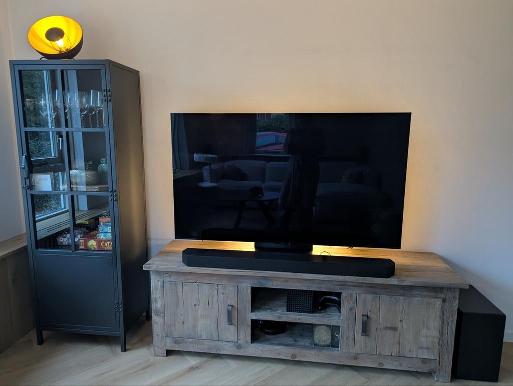 Massief houten tv-meubel 180 cm – landelijk / robuust, Huis en Inrichting, Kasten | Televisiemeubels, Zo goed als nieuw, Minder dan 100 cm