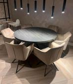 Ronde eettafel mangohout met stalen matrix poten, Ophalen, Gebruikt, 100 tot 150 cm, Rond