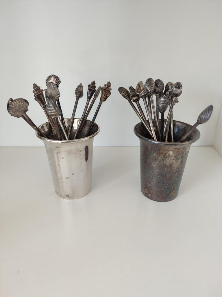 Shell schelpen set gebaksvorkjes en lepeltjes, Ophalen of Verzenden, Zilver