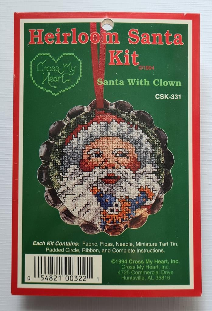 Kerstman met clown borduurpakketje voor in de Kerstboom, Ophalen, Nieuw, Handborduren, Borduurpakket