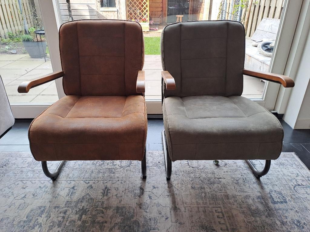 Fauteuil cognac en/of olijfgroen, Huis en Inrichting, Fauteuils, Ophalen, Gebruikt, 75 tot 100 cm, Stof