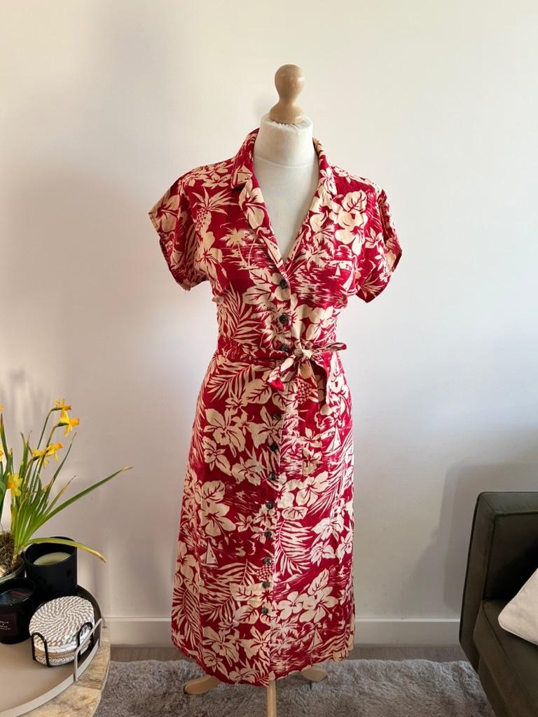 King Louie maat 42 rode tropische blouse jurk 3215, Maat 42/44 (L), Ophalen of Verzenden, Zo goed als nieuw, Knielengte