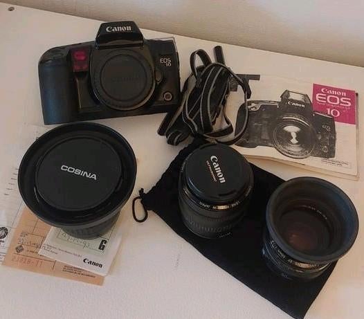 Canon EOS10 met 3x lens, werkend: 50mm, 19-35mm en 28-70mm, Ophalen of Verzenden, Zo goed als nieuw, Spiegelreflex, Canon