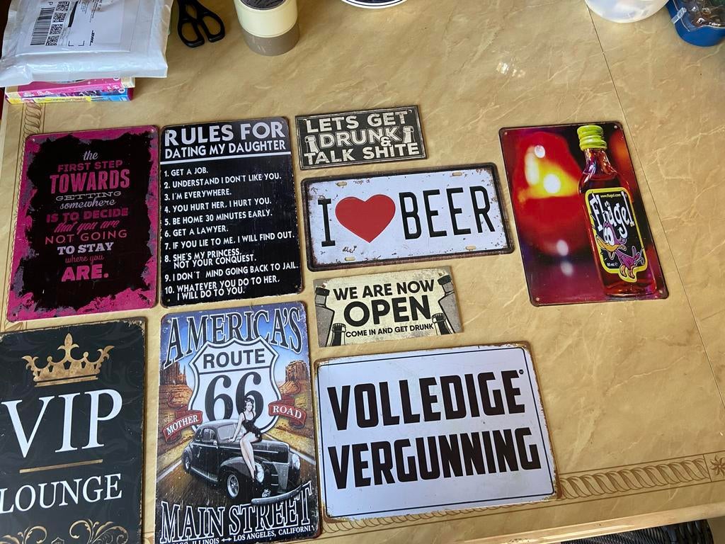 Metalen Wandborden: Diverse Thema's en Spreuken, Ophalen of Verzenden, Gebruikt