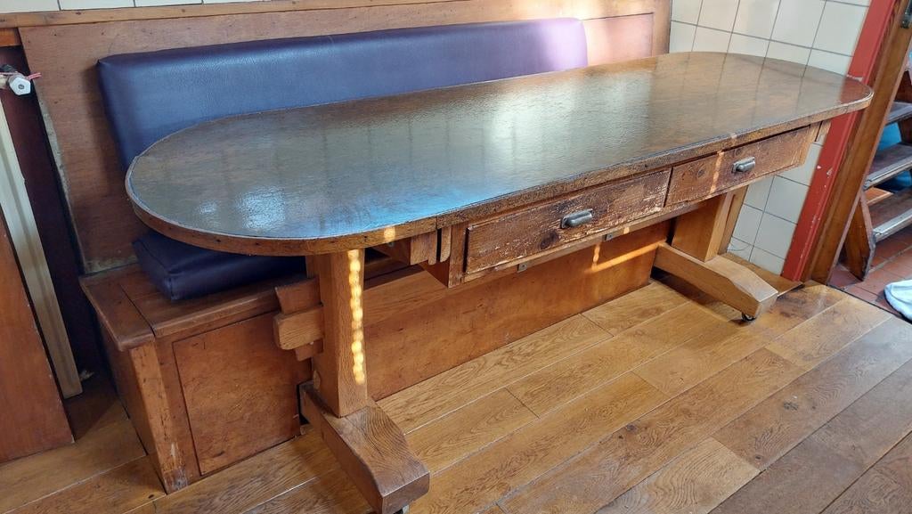 Antiek handgemaakt toonbank tafel hout met leren blad, lades, Antiek en Kunst, Antiek | Meubels | Tafels, Ophalen
