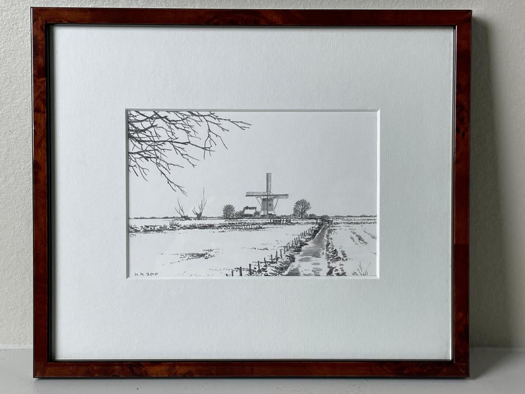 Sneeuwlandschap - potloodtekening - Harmen Kooistra -2010, Ingelijst, Overige technieken, Ophalen of Verzenden, Landschap