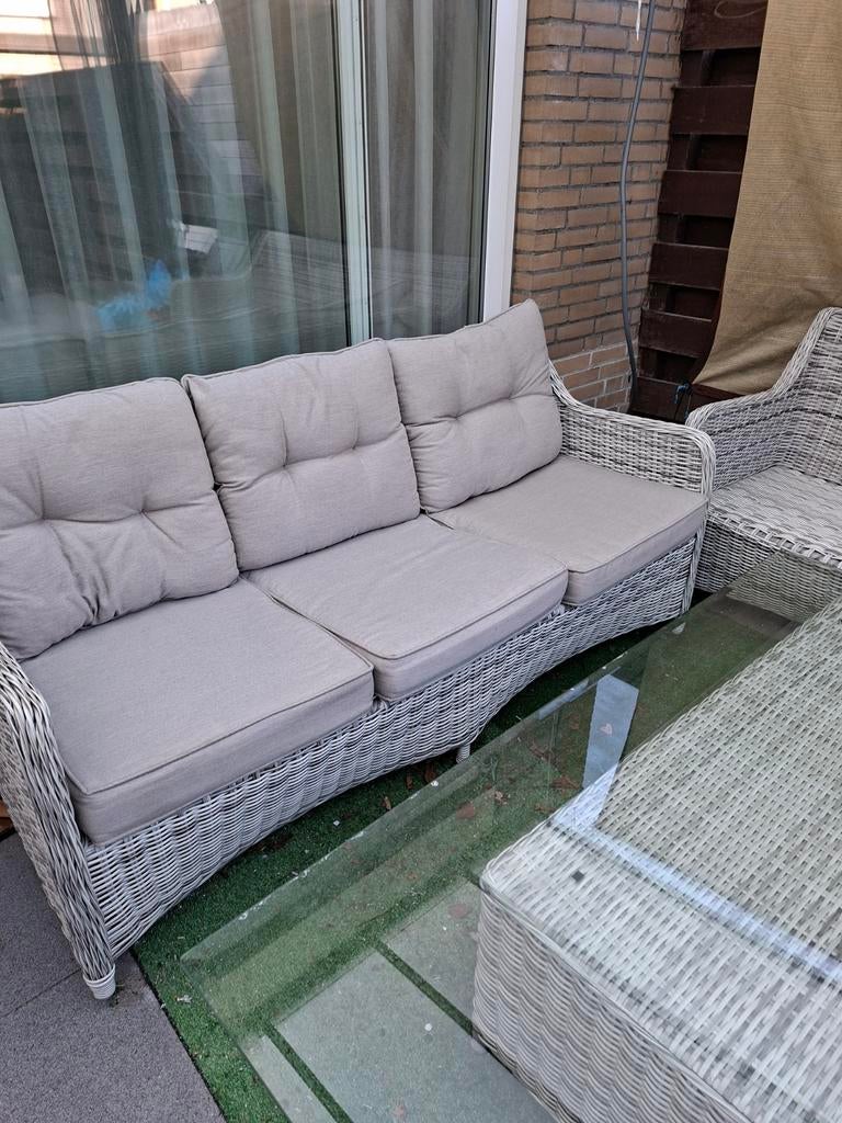Wicker Loungeset met Glazen Salontafel, Tuin en Terras, Tuinsets en Loungesets, Ophalen of Verzenden, Wicker