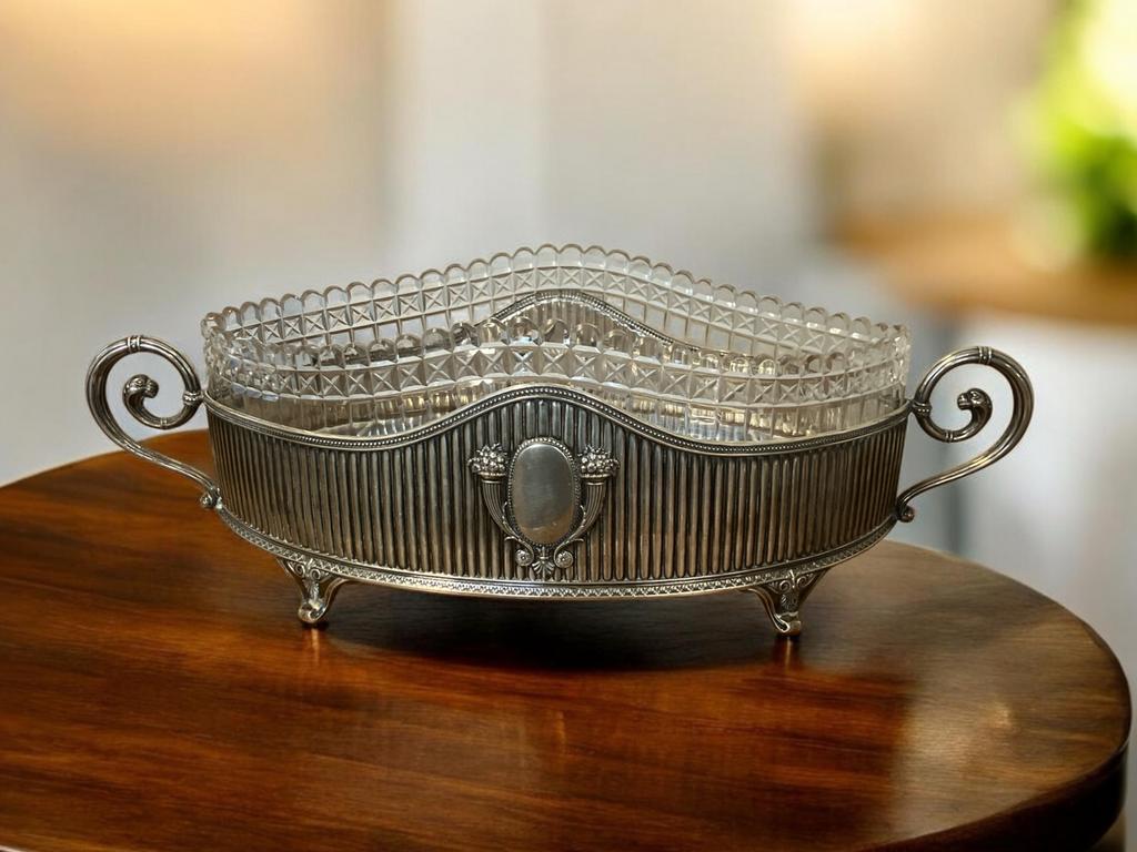 Jugendstil Zilveren Jardinière met Kristallen Inzet, Ophalen, Zilver