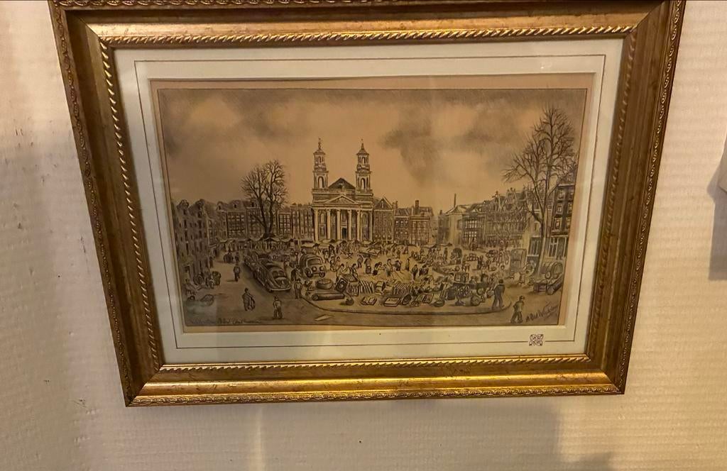 Ets van een stadsgezicht in gouden lijst, Antiek en Kunst, Kunst | Etsen en Gravures, Ophalen of Verzenden