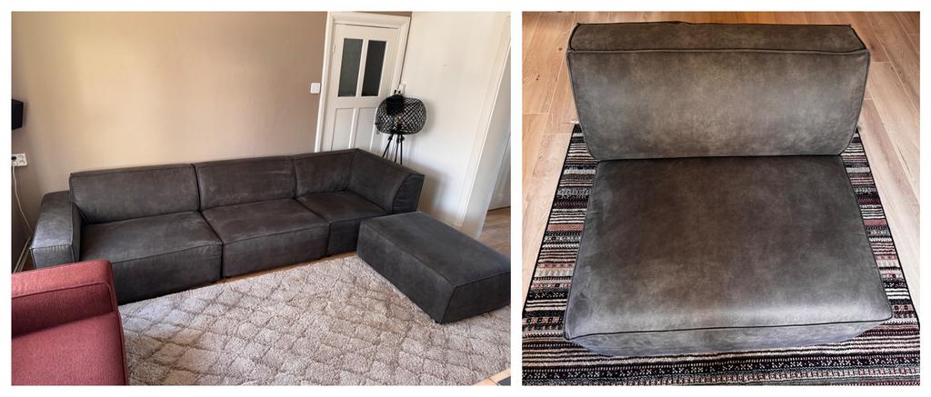 Ruime modulaire bank (4mtr + hocker), microleer, goede staat, Ophalen, Gebruikt, Modern, modulair, Hoekbank