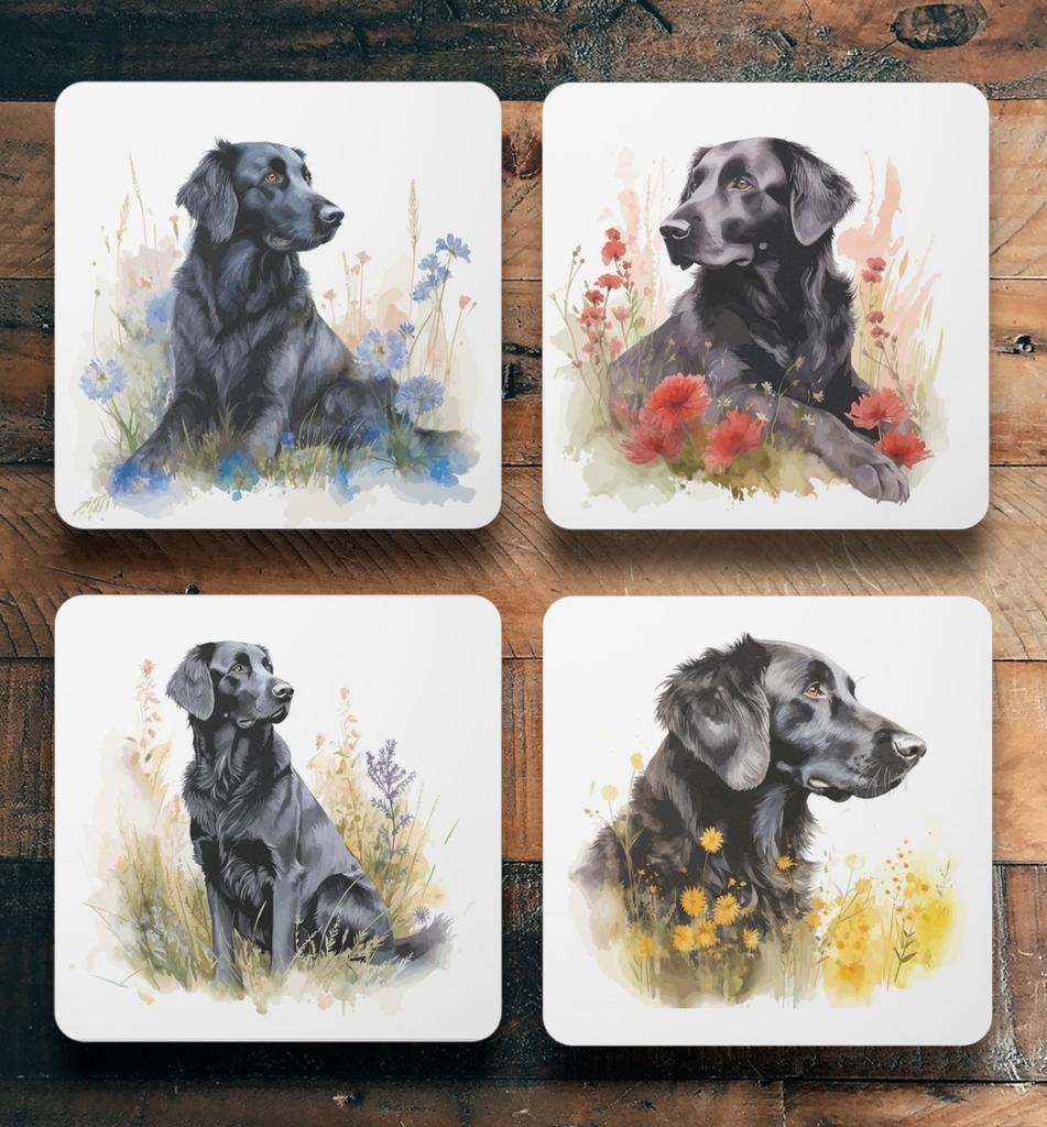 Flatcoated Retriever Aquarel onderzetters met houder, Ophalen of Verzenden, Nieuw, Glas of Kopje