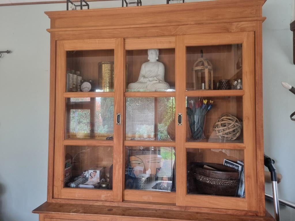 Teak houten bovenkast met glazen schuifdeuren, Ophalen, 25 tot 50 cm, 200 cm of meer