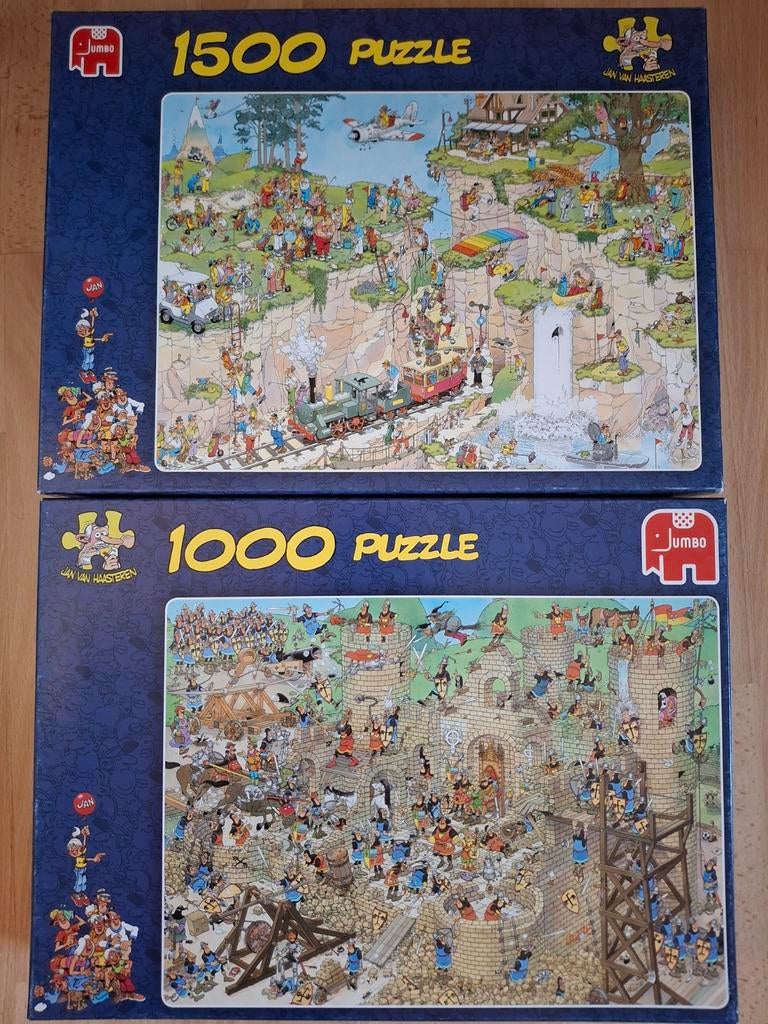 2x Jan van Haasteren puzzel (1000 & 1500) - NIET COMLEET, Ophalen of Verzenden, 500 t/m 1500 stukjes, Gebruikt, Legpuzzel