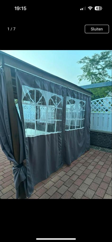 Overkapping met gordijnen en tuinset, Tuin en Terras, Overkappingen, Ophalen of Verzenden, Gebruikt, Tuinpaviljoen