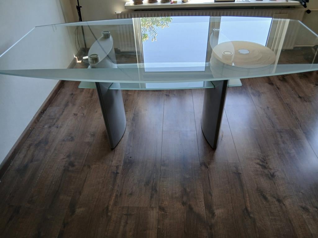 Design glazen eettafel met stalen, zilverkleurig, onderstel, Ophalen, Gebruikt, 200 cm of meer, 50 tot 100 cm
