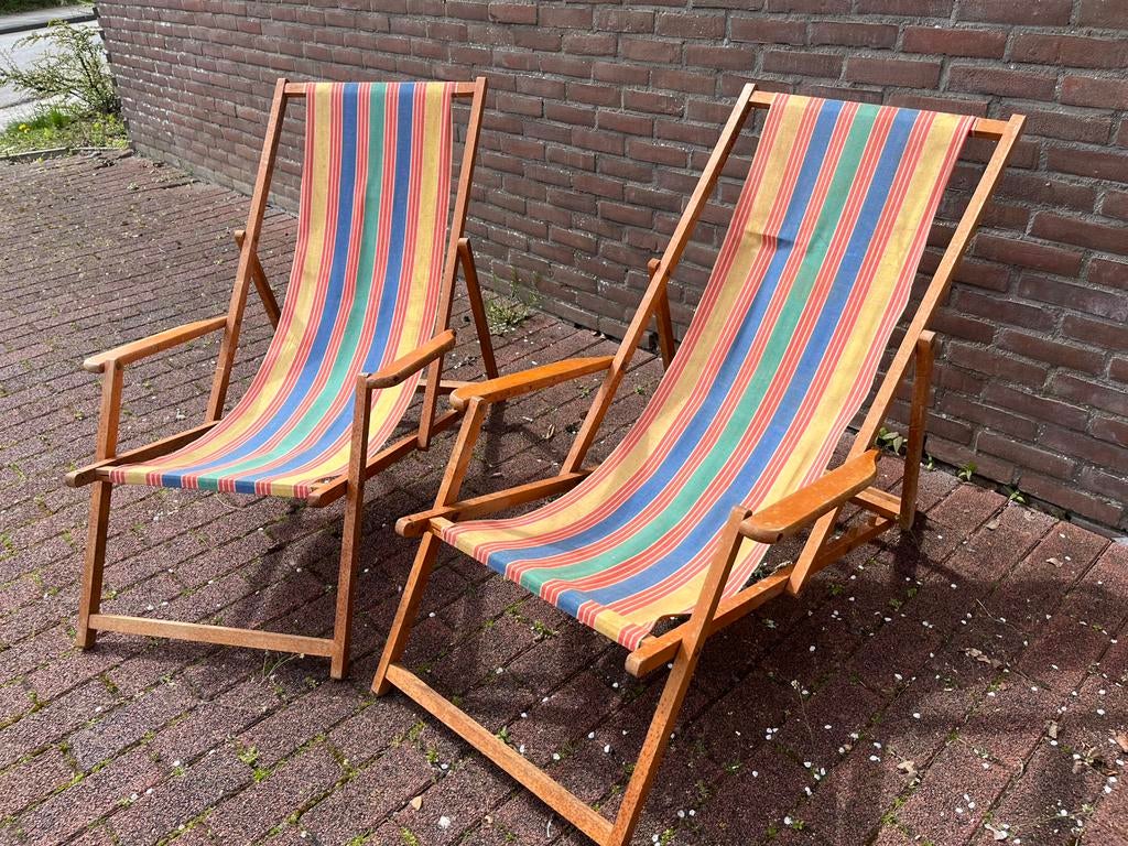 Retro Strandstoel, Ophalen, Zo goed als nieuw, Hout, Verstelbaar