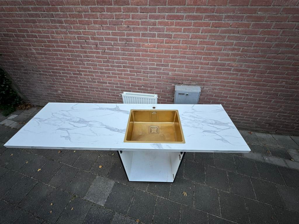 Keukenblad(en) incl. gouden Teka spoelbak en achterplaten, Ophalen, Zo goed als nieuw, 200 cm of meer, Minder dan 100 cm