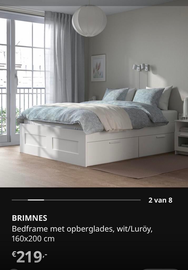 BRIMNES 160x200 Bed met opberglades + lattenbodem, Wit, Tweepersoons, Ophalen of Verzenden, Zo goed als nieuw