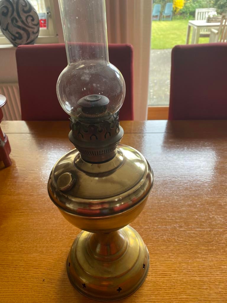 Antieke koperen petroleum lamp met origineel glas, Watersport en Boten, Ophalen of Verzenden