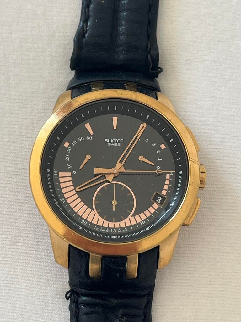 Vintage Swatch Irony Retrograde Chrono (YRG400) uit 2009, Sieraden, Tassen en Uiterlijk, Horloges | Heren, Gebruikt, Staal, Polshorloge