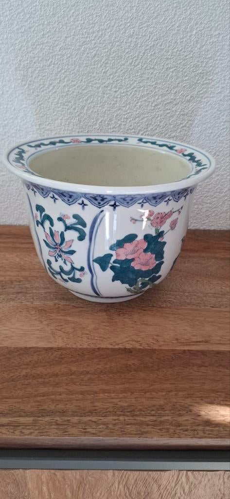 Bloempot met bloemen en vogels, Tuin en Terras, Bloempotten, Ophalen, Gebruikt, Aardewerk, Binnen