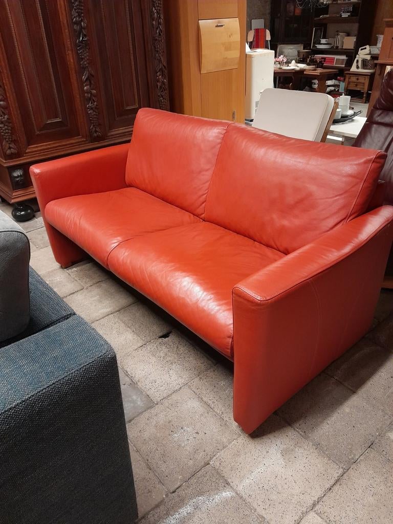 Rood leren bank terracottakleur merk Montel, Ophalen, Zo goed als nieuw, Rechte bank, Leer