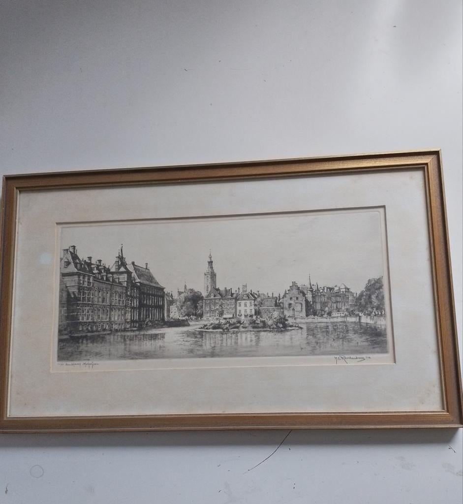 Ingelijste ets van Y.E. Roodenburg - de Vijverberg Den Haag, Antiek en Kunst, Ophalen of Verzenden