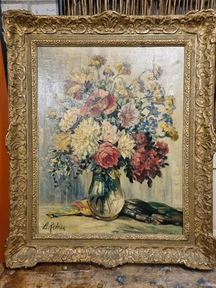 Antiek bloemenstilleven met chrysanten en rozen, gesigneerd, Antiek en Kunst, Kunst | Schilderijen | Klassiek, Ophalen of Verzenden