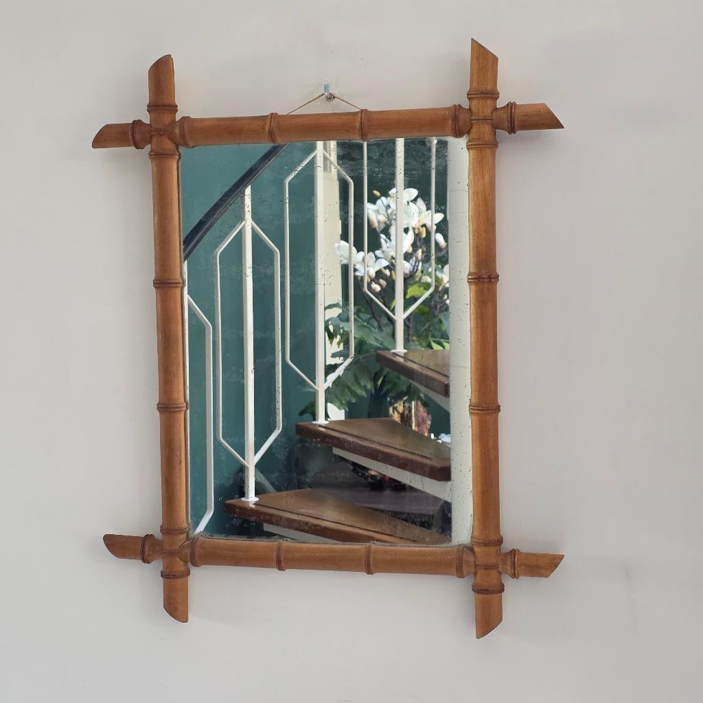 Grote vintage rechthoekige houten "faux bamboo" spiegel, Ophalen, Rechthoekig, 50 tot 100 cm, Minder dan 100 cm