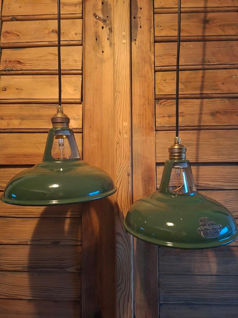 Engelse Coolicon hanglampen , groen emaille lampen vintage, Huis en Inrichting, Lampen | Hanglampen, Ophalen of Verzenden, Zo goed als nieuw