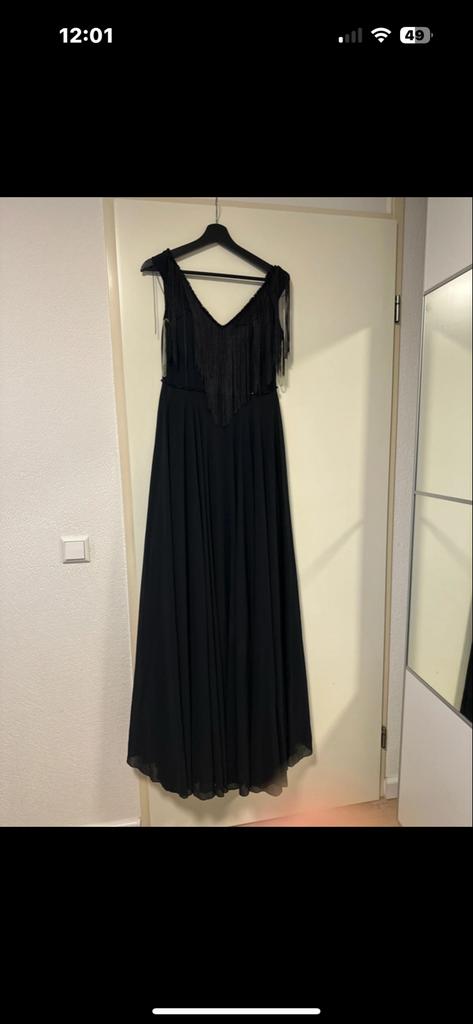 Elegante Zwarte Galajurk met Franjes- maat l, Maat 38/40 (M), Zwart, Ophalen of Verzenden, Zo goed als nieuw