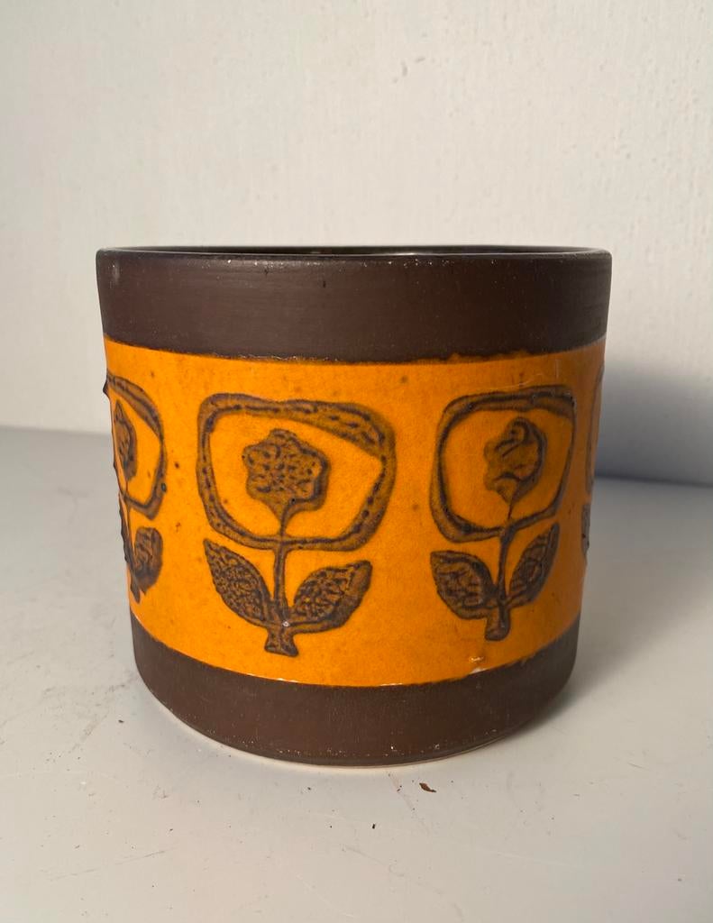 Keramiek oranje planter / bloempot , jaren 60, Gebruikt, Binnen, Ophalen of Verzenden, Onbekend