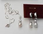 Oorbellen set Parels met ketting Zilver 925 zirkonia creolen, Nieuw, Ophalen of Verzenden, Knopjes of Stekers, Zilver