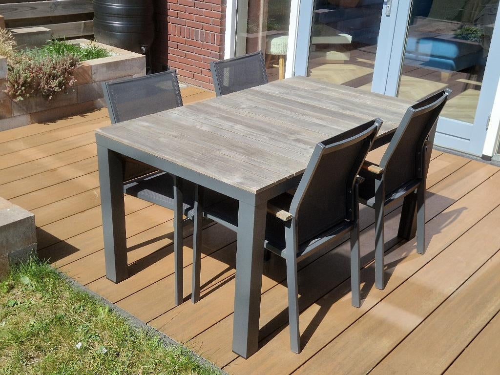 Mooie Tuinset/ Tuintafel met 4 stoelen Aluminium en Teakhout, Tuin en Terras, Tuintafels, Ophalen, Gebruikt, Rechthoekig, Aluminium