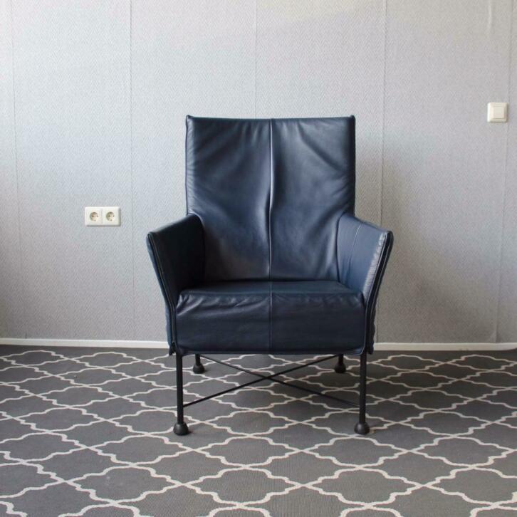 4 Montis Charly fauteuils blauw leder - zwart frame, Huis en Inrichting, Stoelen, Niet ingevuld, Blauw, Niet ingevuld, Ophalen of Verzenden