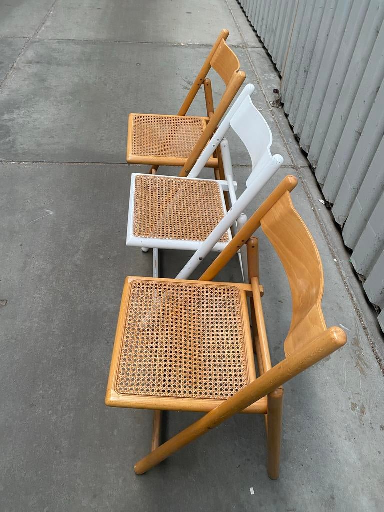 Deens design beukenhouten klapstoelen met rieten zitting, Ophalen, Gebruikt, Overige kleuren, Drie