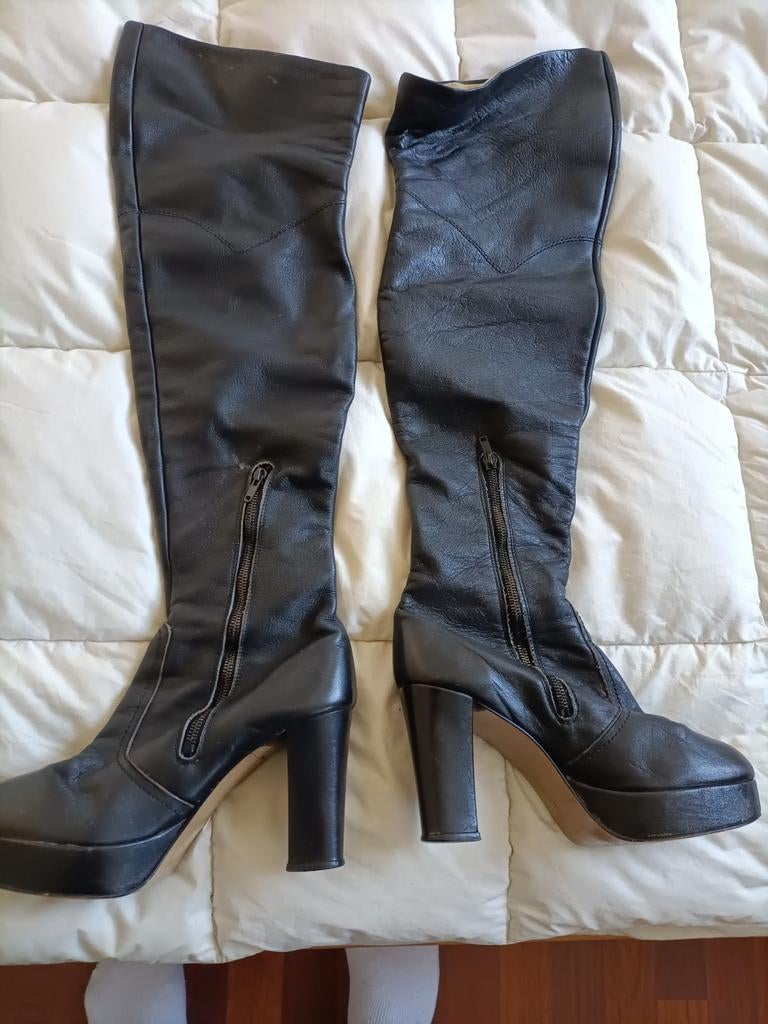 Zwarte hoge plateau leren laarzen maat 7, Ophalen of Verzenden