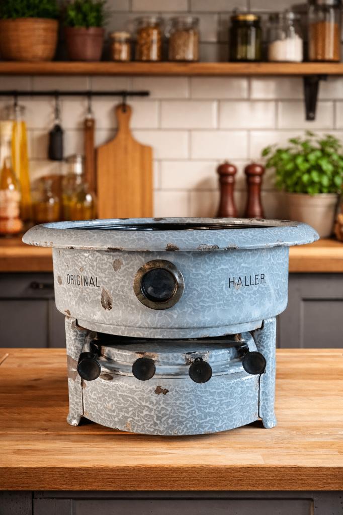 Emaille petroleumstel Haller 4 pit grijs gewolkt, Ophalen of Verzenden