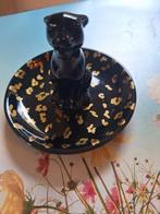 Zwart sieraden schaaltje met gouden panterprint en kat, Gebruikt, Porselein of Keramiek, Schaal, Rond