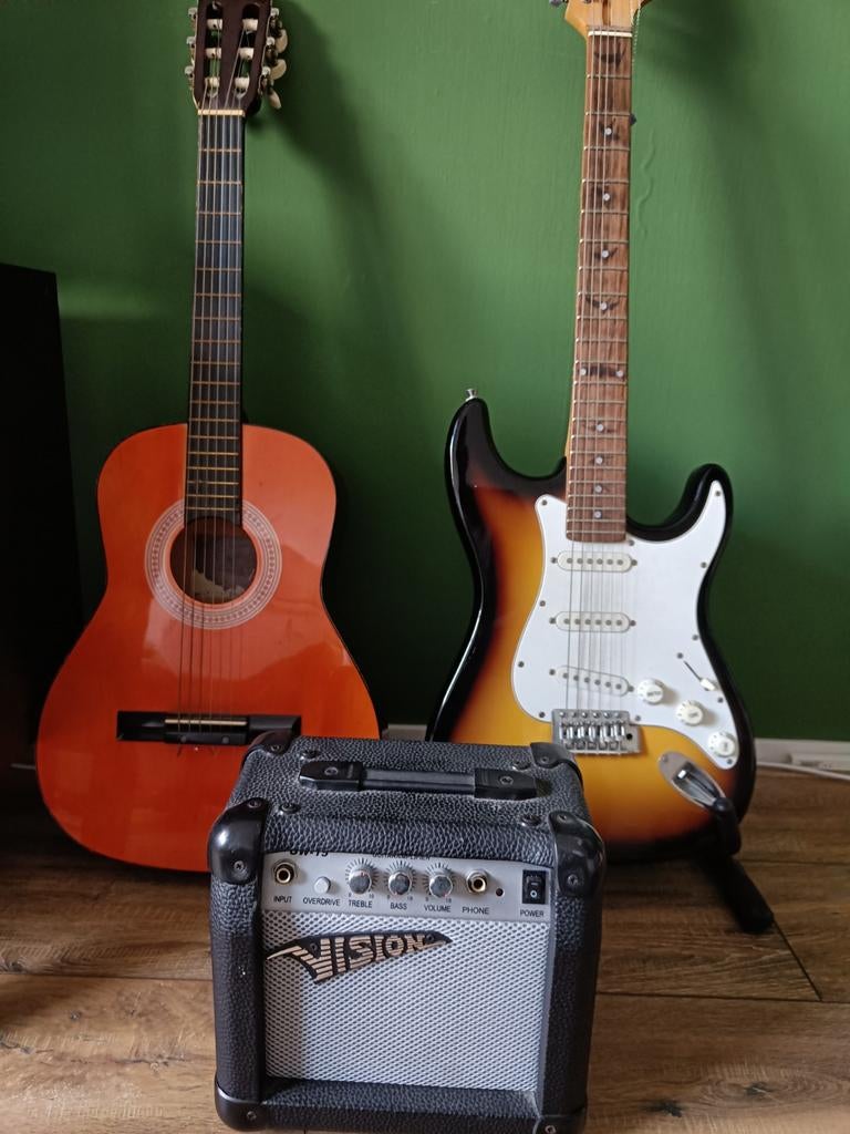 Setje gitaren: akoestisch en elektrisch met versterker, Muziek en Instrumenten, Snaarinstrumenten | Gitaren | Elektrisch, Ophalen of Verzenden