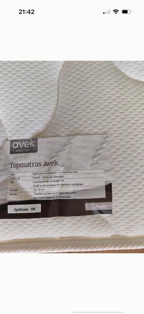 Topper Avek topmatras 180/210, Ophalen, 210 cm, Tweepersoons, Zo goed als nieuw