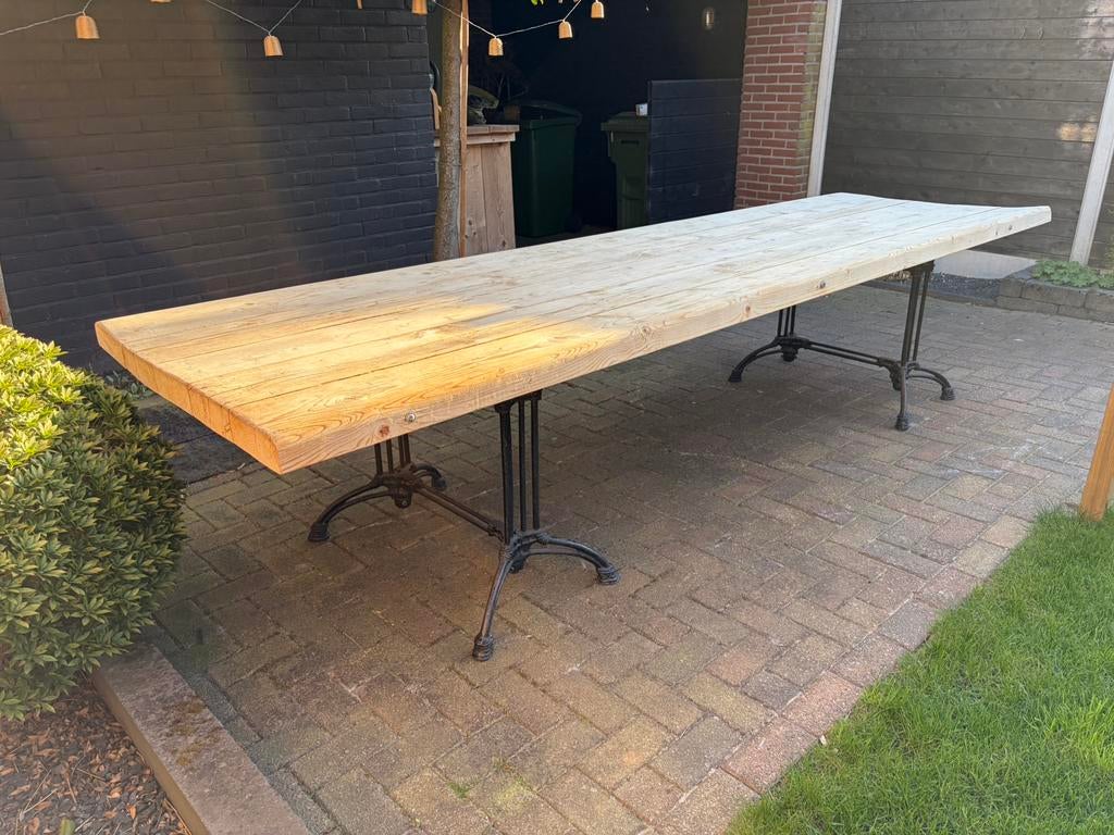 Lange 7cm dik massief houten tafel 340 cm buiten stamtafel, Ophalen, Gebruikt, Rechthoekig, Hout