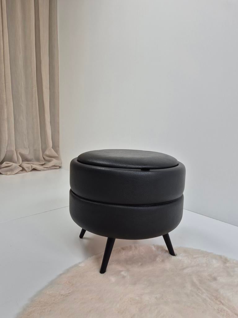 Vintage poef met opbergruimte, Minder dan 50 cm, Rond, Ophalen of Verzenden, Minder dan 50 cm