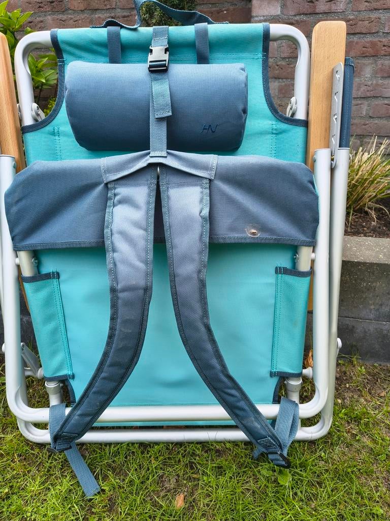 Inklapbare strandstoel met rugzakfunctie en kussen, Tuin en Terras, Tuinstoelen, Ophalen, Gebruikt, Metaal, Verstelbaar