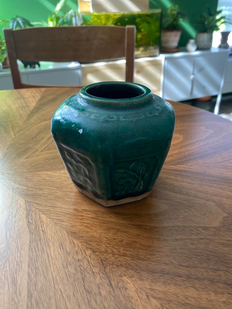 Vintage Groene Gemberpot met Reliëf, Ophalen of Verzenden