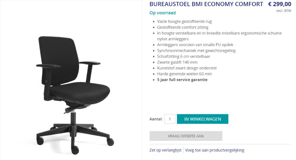 Bureaustoel BMI Economy Comfort – 2 jaar oud, Ophalen, Zwart, Zo goed als nieuw, Bureaustoel