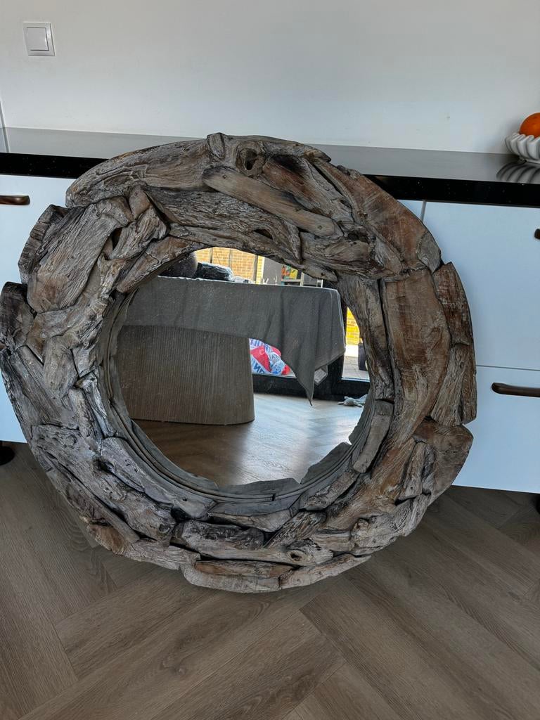2 stuks Unieke ronde spiegel van drijfhout, Ophalen, Rond, Zo goed als nieuw, 75 tot 100 cm