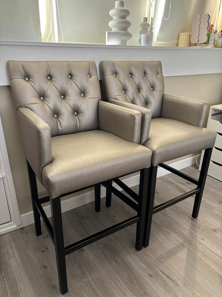 2 bronzen/bruine barkrukken, Gebruikt, Met voetsteun, Leer, Ophalen of Verzenden